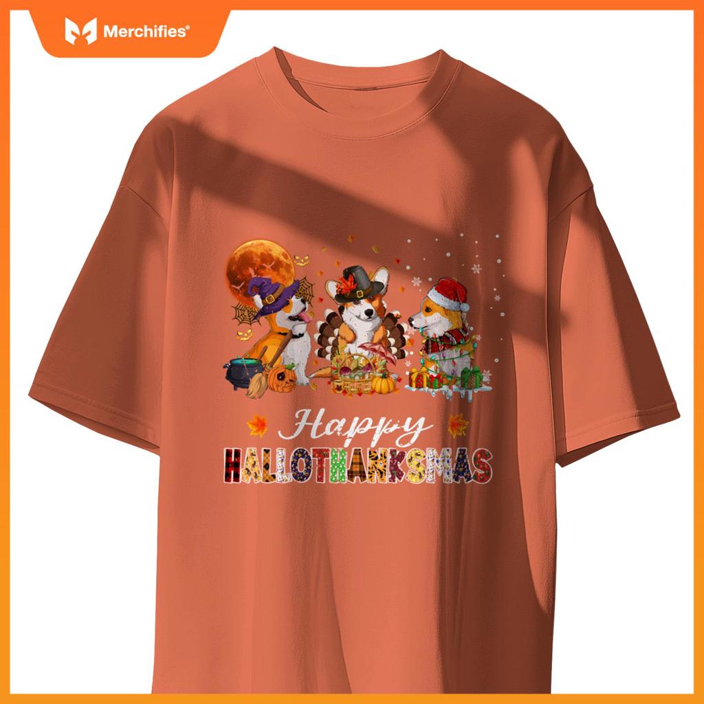 Corgi Dogs Halloween Thanksgiving Christmas Hallothanksmas T-Shirt