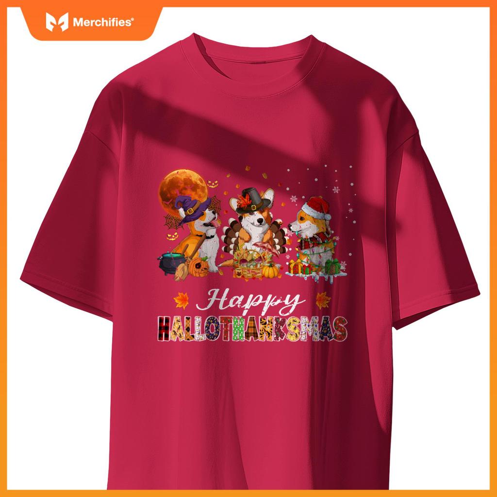 Corgi Dogs Halloween Thanksgiving Christmas Hallothanksmas T-Shirt