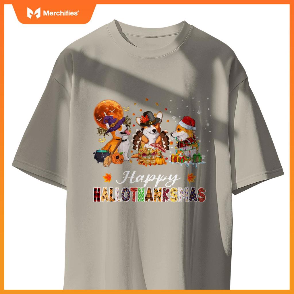 Corgi Dogs Halloween Thanksgiving Christmas Hallothanksmas T-Shirt