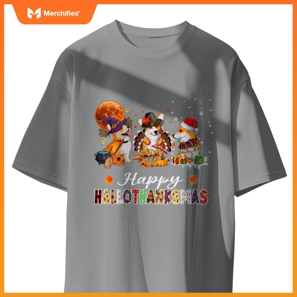 Corgi Dogs Halloween Thanksgiving Christmas Hallothanksmas T-Shirt