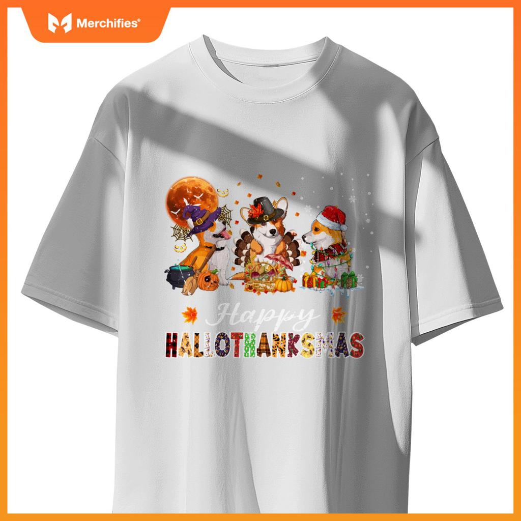 Corgi Dogs Halloween Thanksgiving Christmas Hallothanksmas T-Shirt