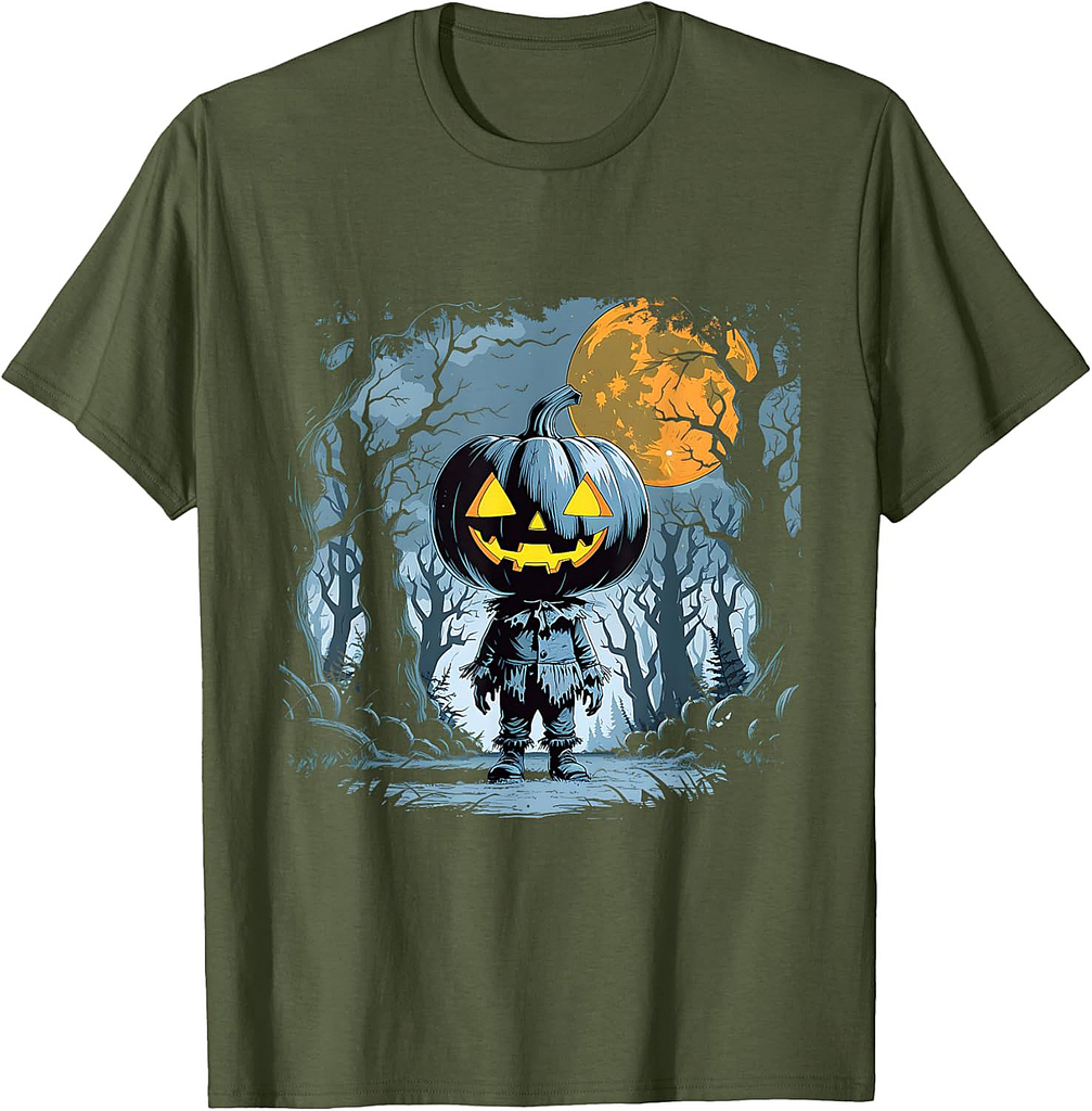 Creepy Pumpkin Head Scarecrow Halloween Forest Scene T-Shirt