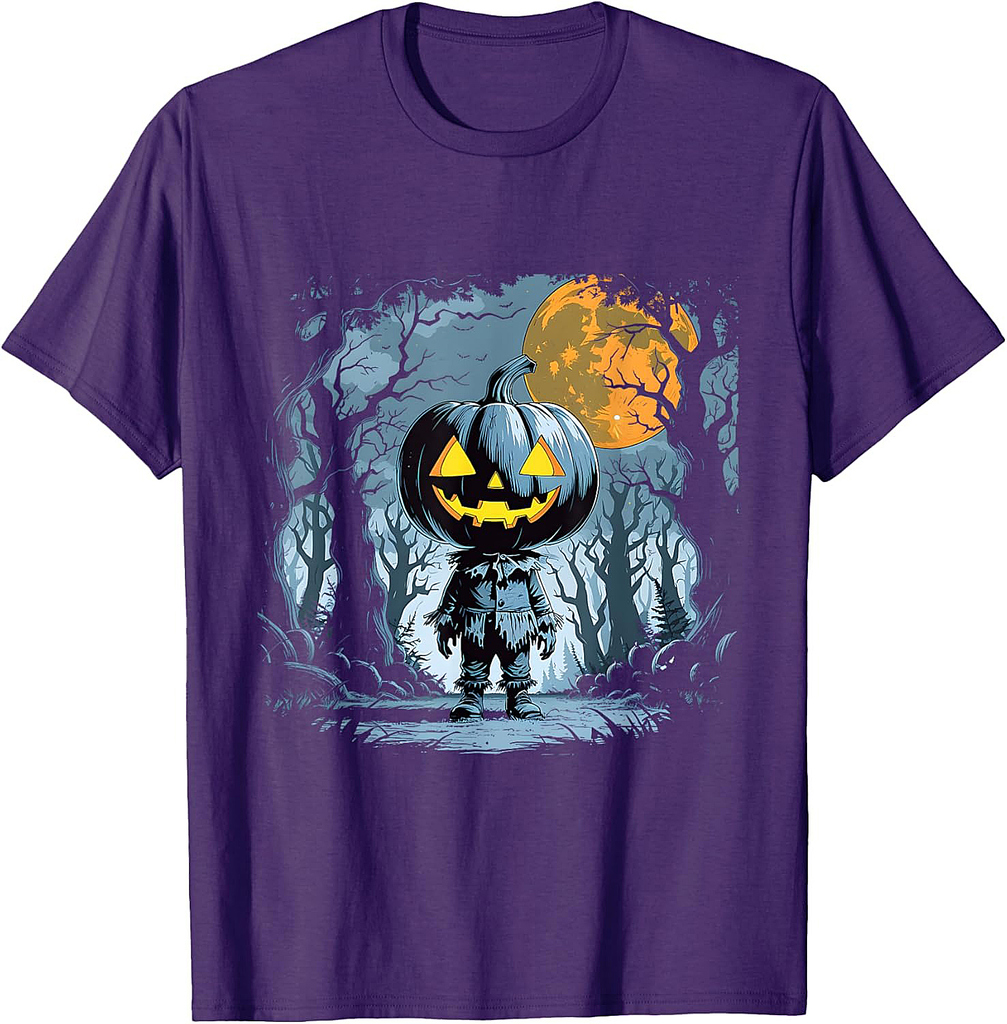 Creepy Pumpkin Head Scarecrow Halloween Forest Scene T-Shirt