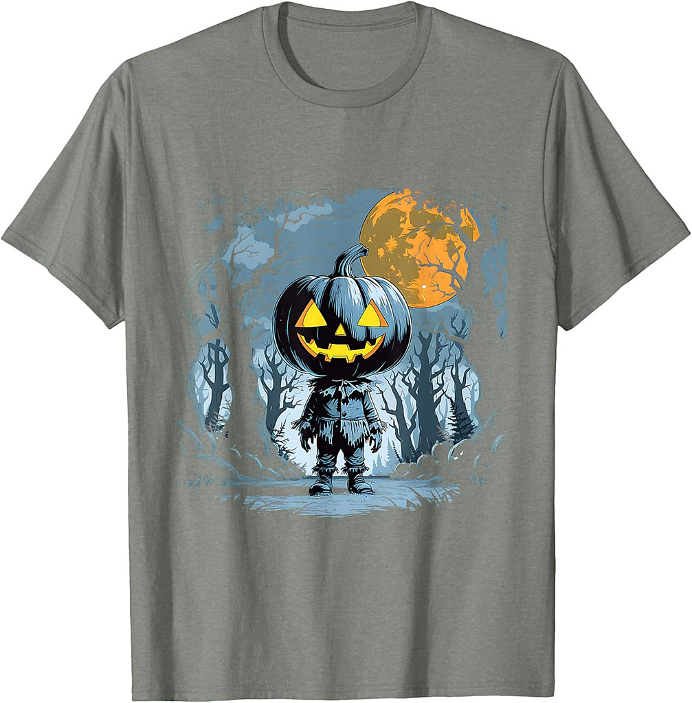 Creepy Pumpkin Head Scarecrow Halloween Forest Scene T-Shirt