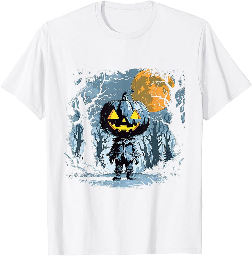 Creepy Pumpkin Head Scarecrow Halloween Forest Scene T-Shirt