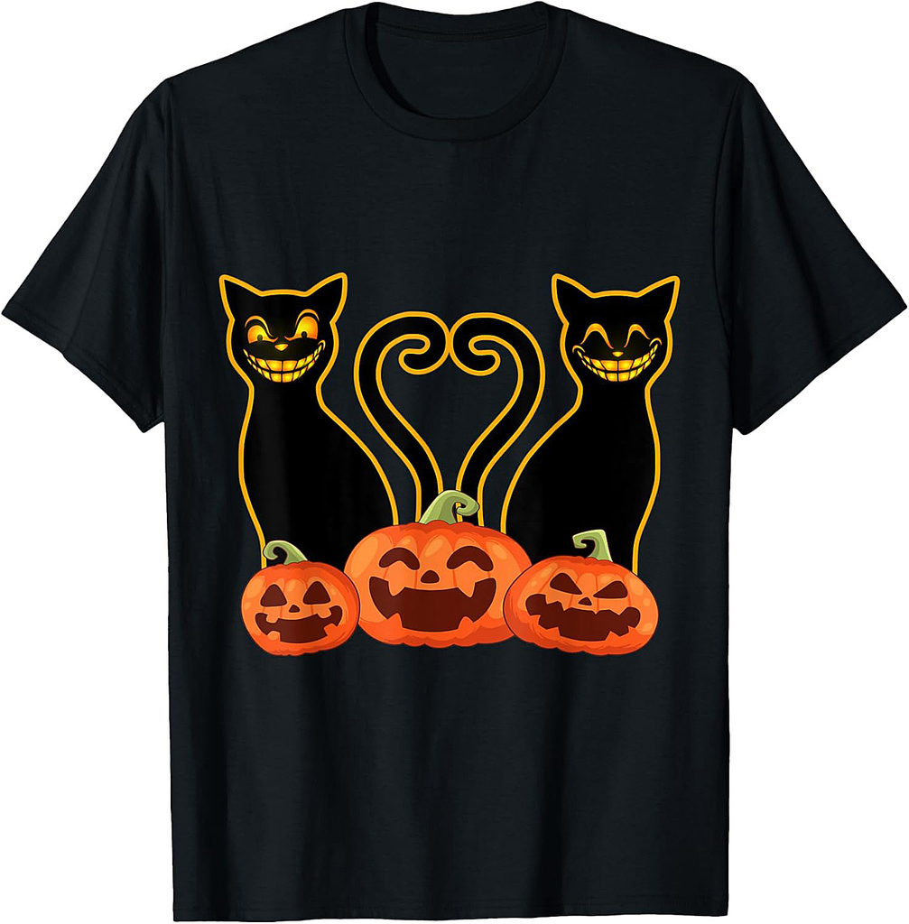 Creepy Smiling Hallowenn Black Cats Laughing Pumpkins T-Shirt