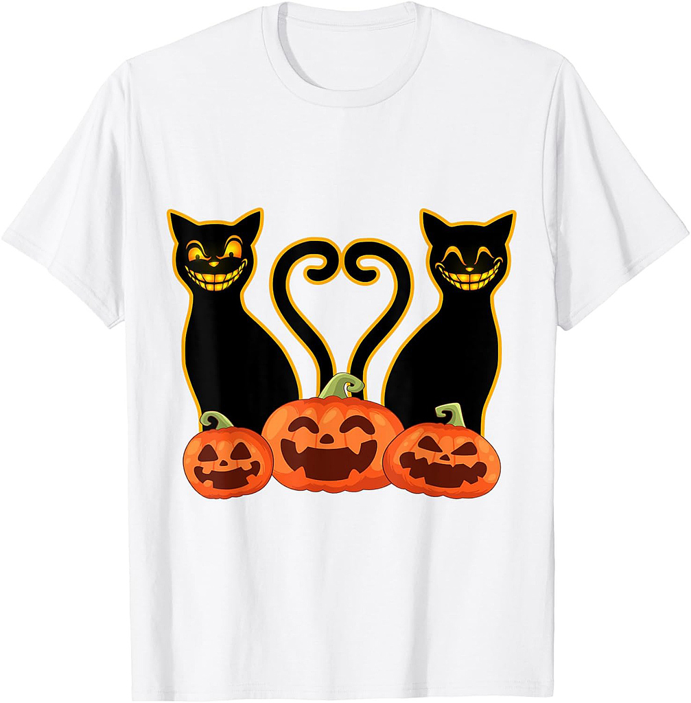 Creepy Smiling Hallowenn Black Cats Laughing Pumpkins T-Shirt