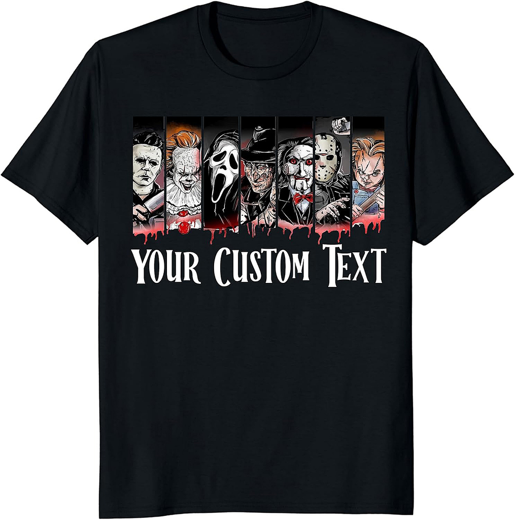 Custom Horror Movie Friends Halloween Shirt, Scary Graphic Short Sleeve Matching Halloween T-Shirts, Scary Character Apparel