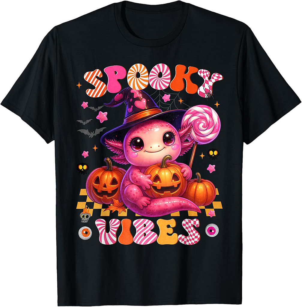 Cute Axolotl Spooky Vibes Witch Pumpkin Face Halloween Girl T-Shirt