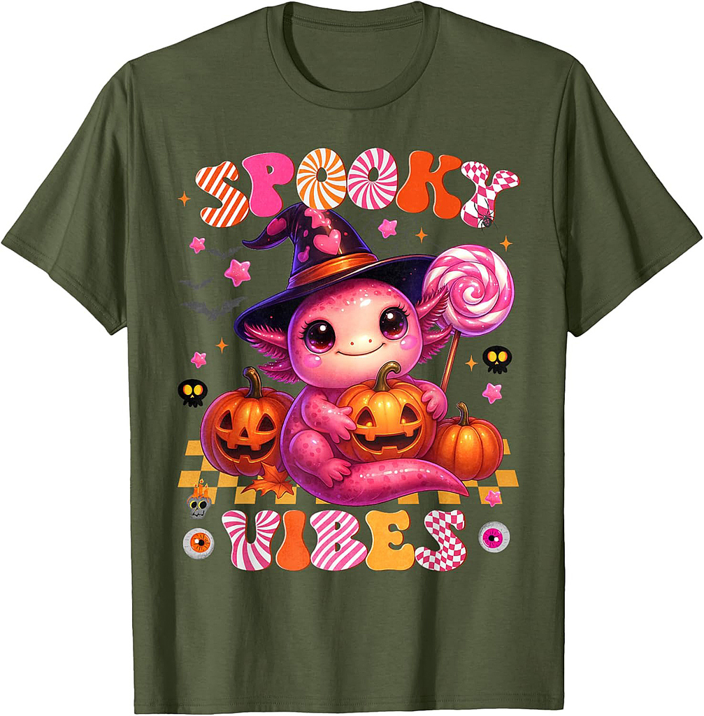 Cute Axolotl Spooky Vibes Witch Pumpkin Face Halloween Girl T-Shirt