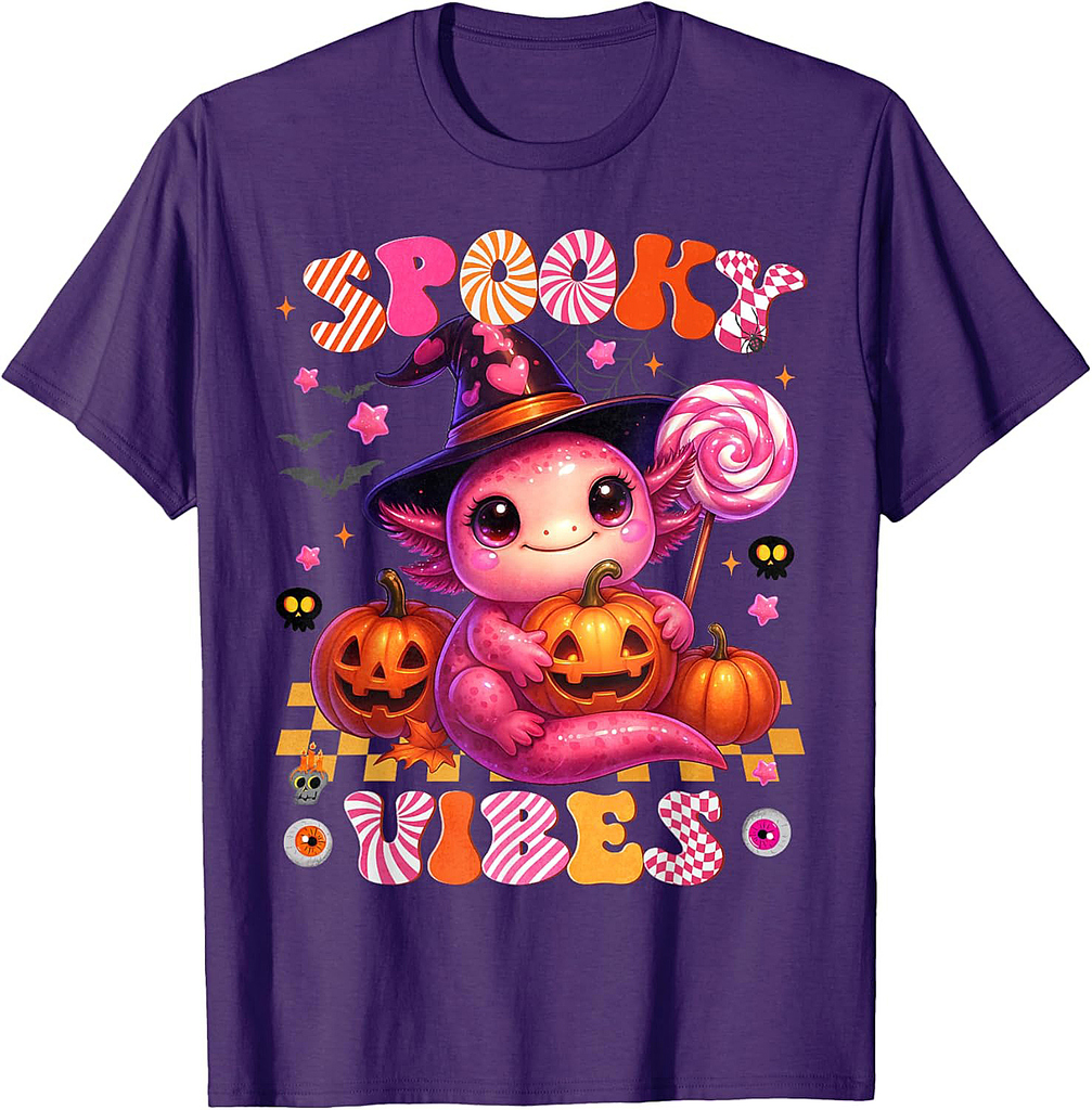 Cute Axolotl Spooky Vibes Witch Pumpkin Face Halloween Girl T-Shirt