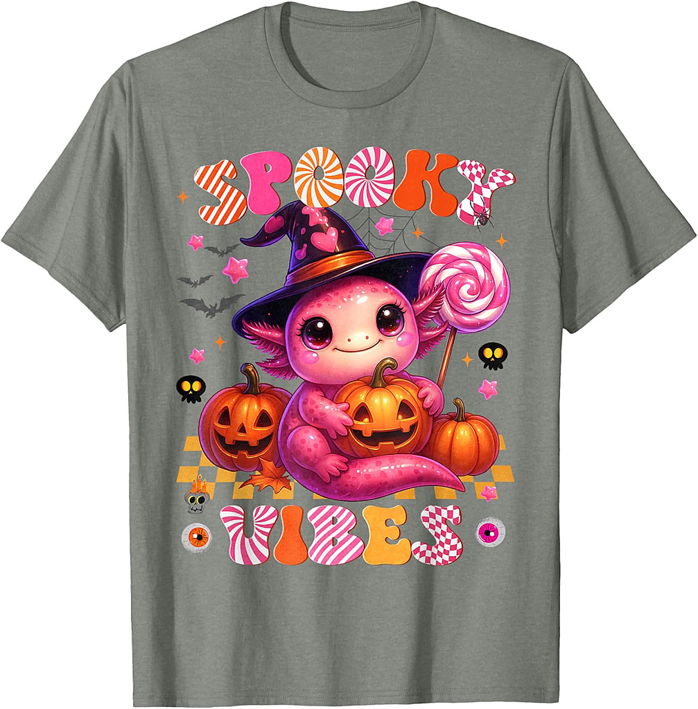 Cute Axolotl Spooky Vibes Witch Pumpkin Face Halloween Girl T-Shirt