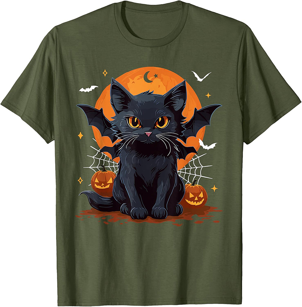 Cute Black Cat With Bat Wings Pumpkin Women Men Halloween T-Shirt