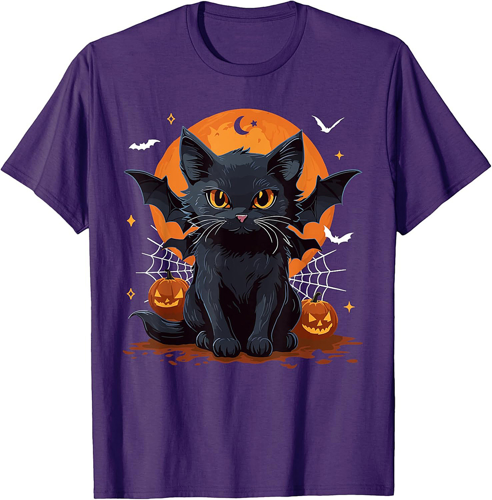 Cute Black Cat With Bat Wings Pumpkin Women Men Halloween T-Shirt