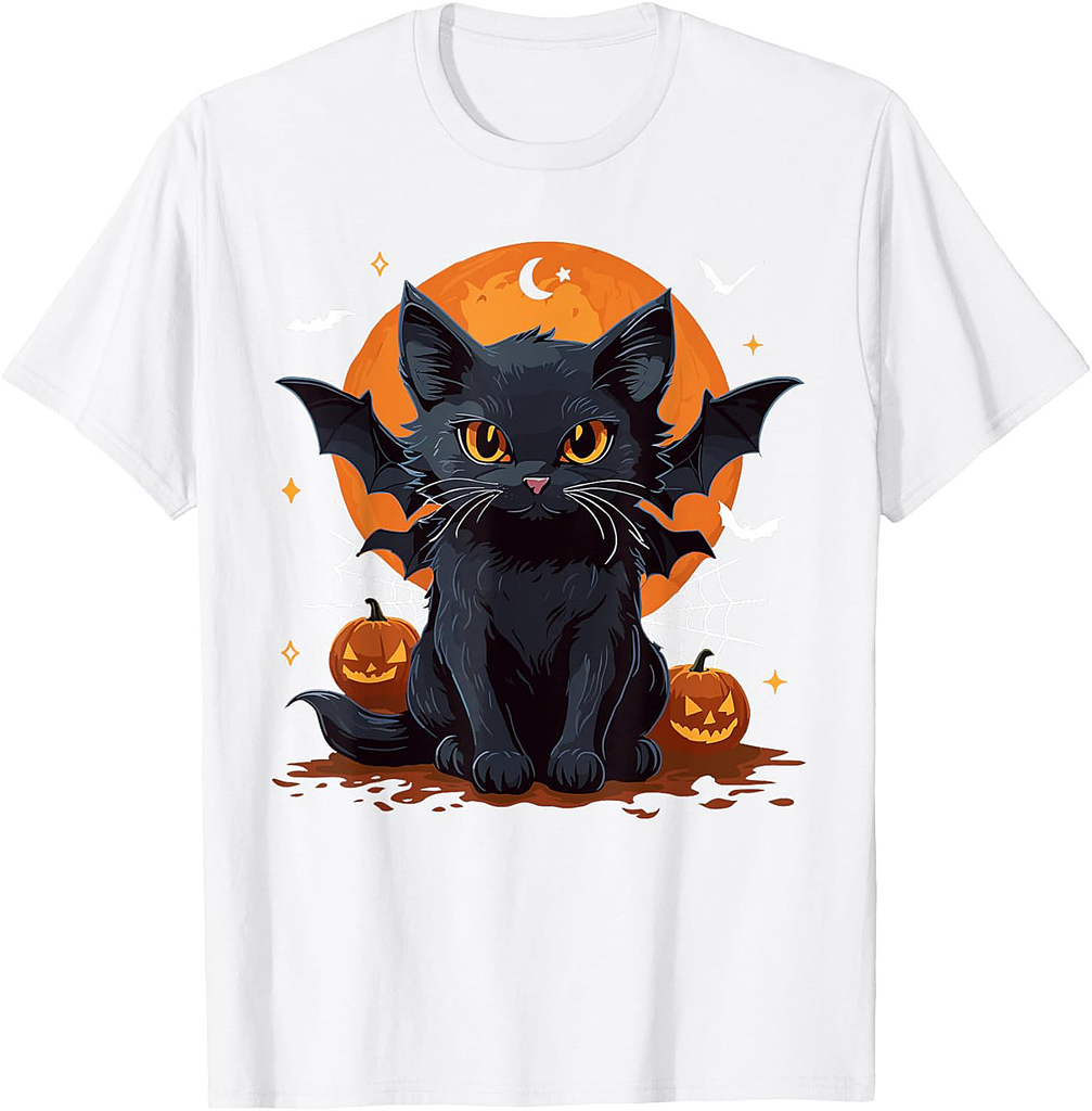 Cute Black Cat With Bat Wings Pumpkin Women Men Halloween T-Shirt
