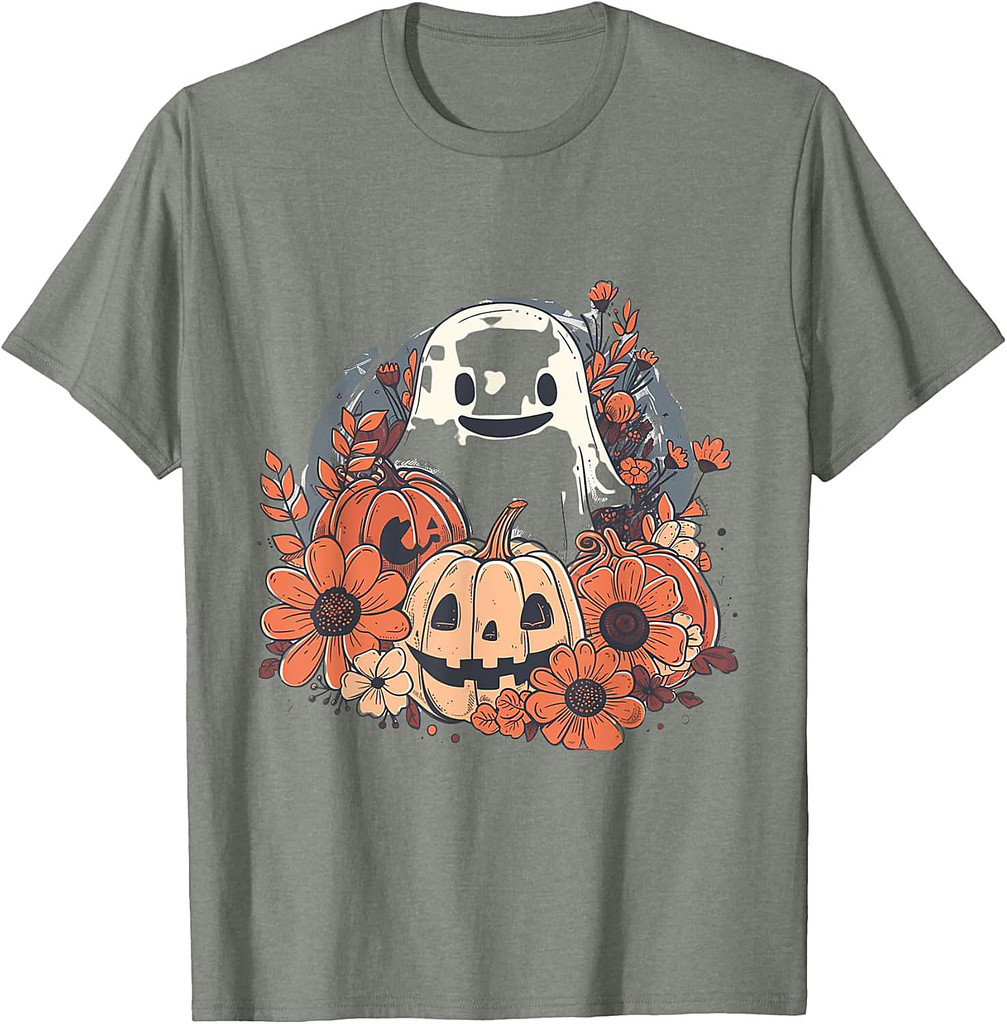 Cute Boho Flower Ghost Pumpkin Halloween Party Ghost Costume T-Shirt