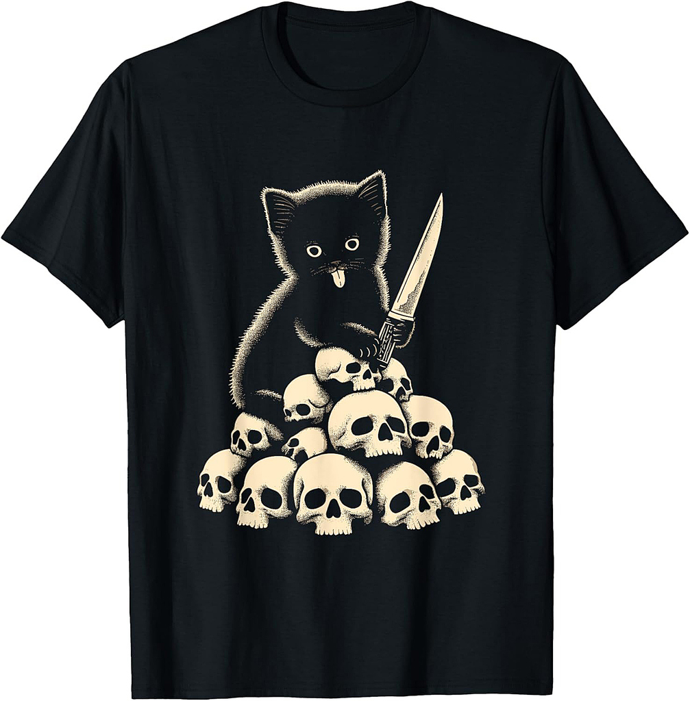 Cute Cat With Knife And Skulls - Spooky Halloween Costume T-Shirt for Men Women