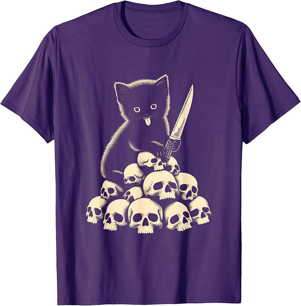 Cute Cat With Knife And Skulls - Spooky Halloween Costume T-Shirt for Men Women