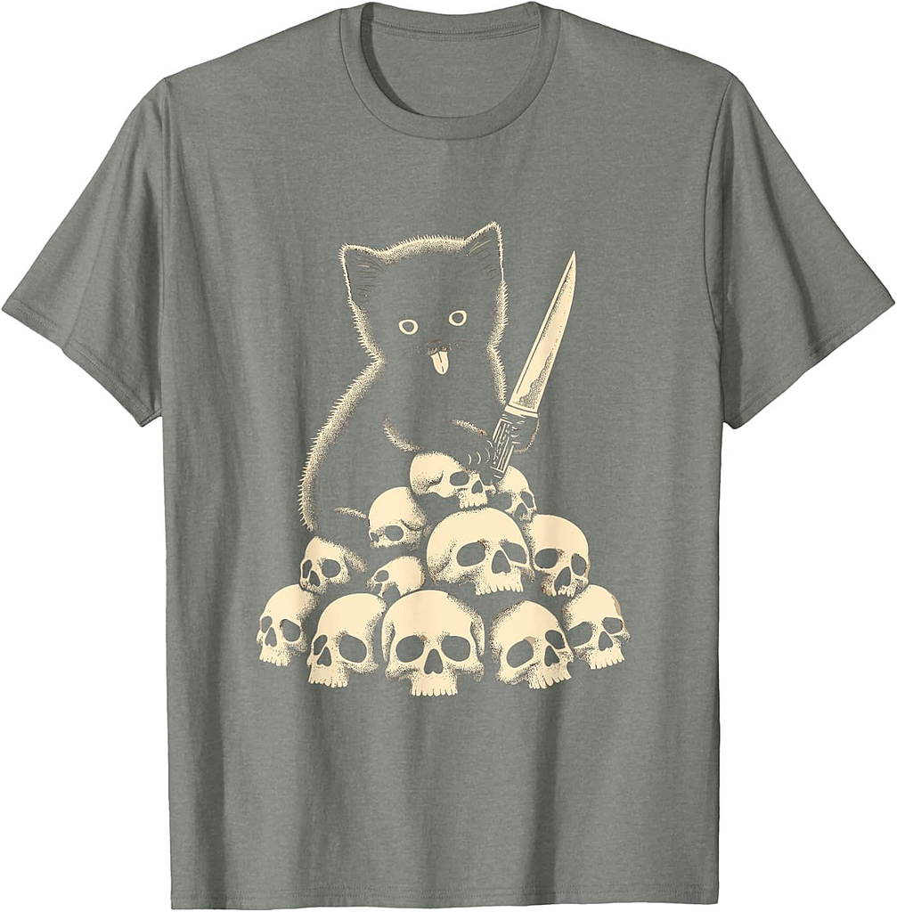 Cute Cat With Knife And Skulls - Spooky Halloween Costume T-Shirt for Men Women