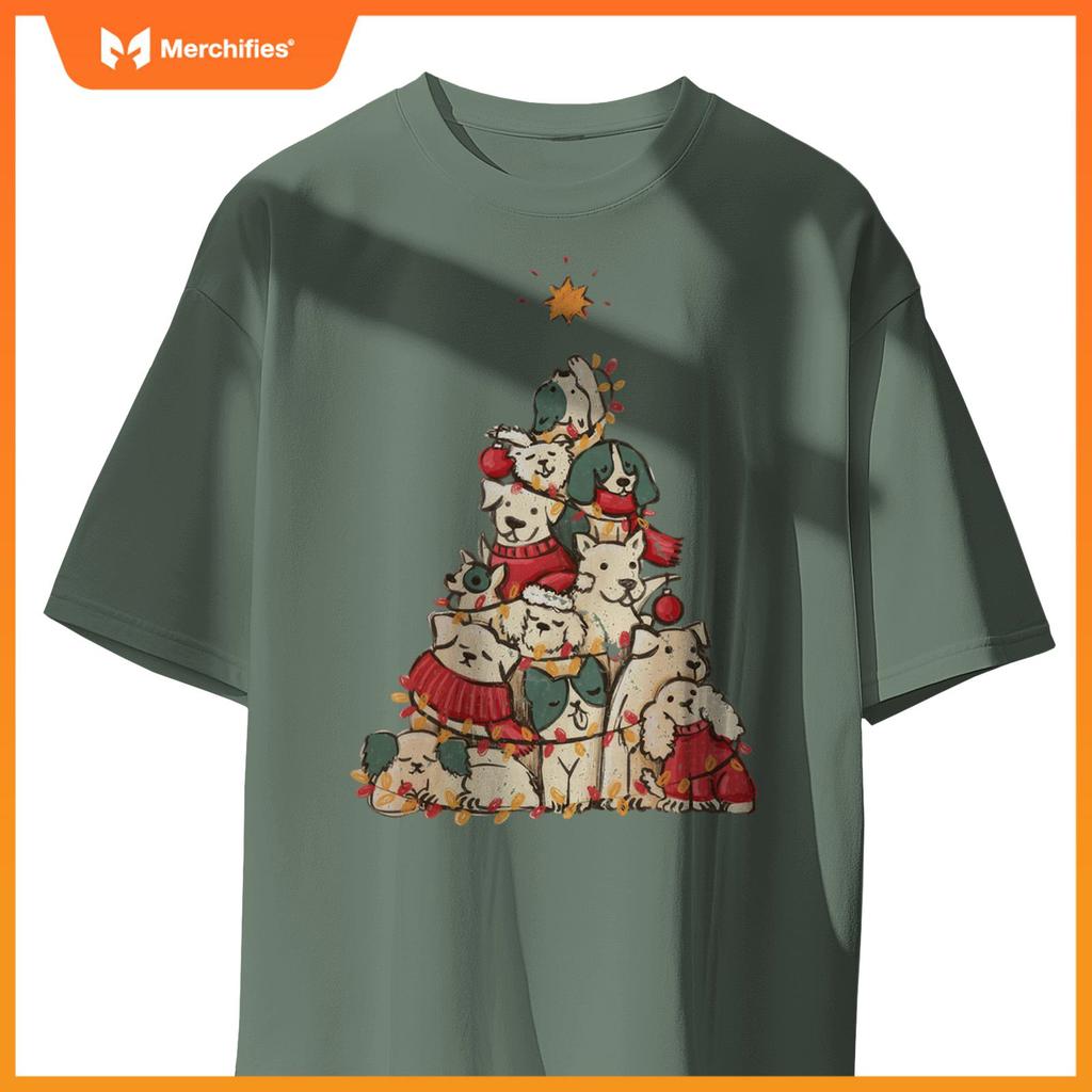 Cute Dogs Christmas Tree Xmas Holiday Merry Season Party T-Shirt