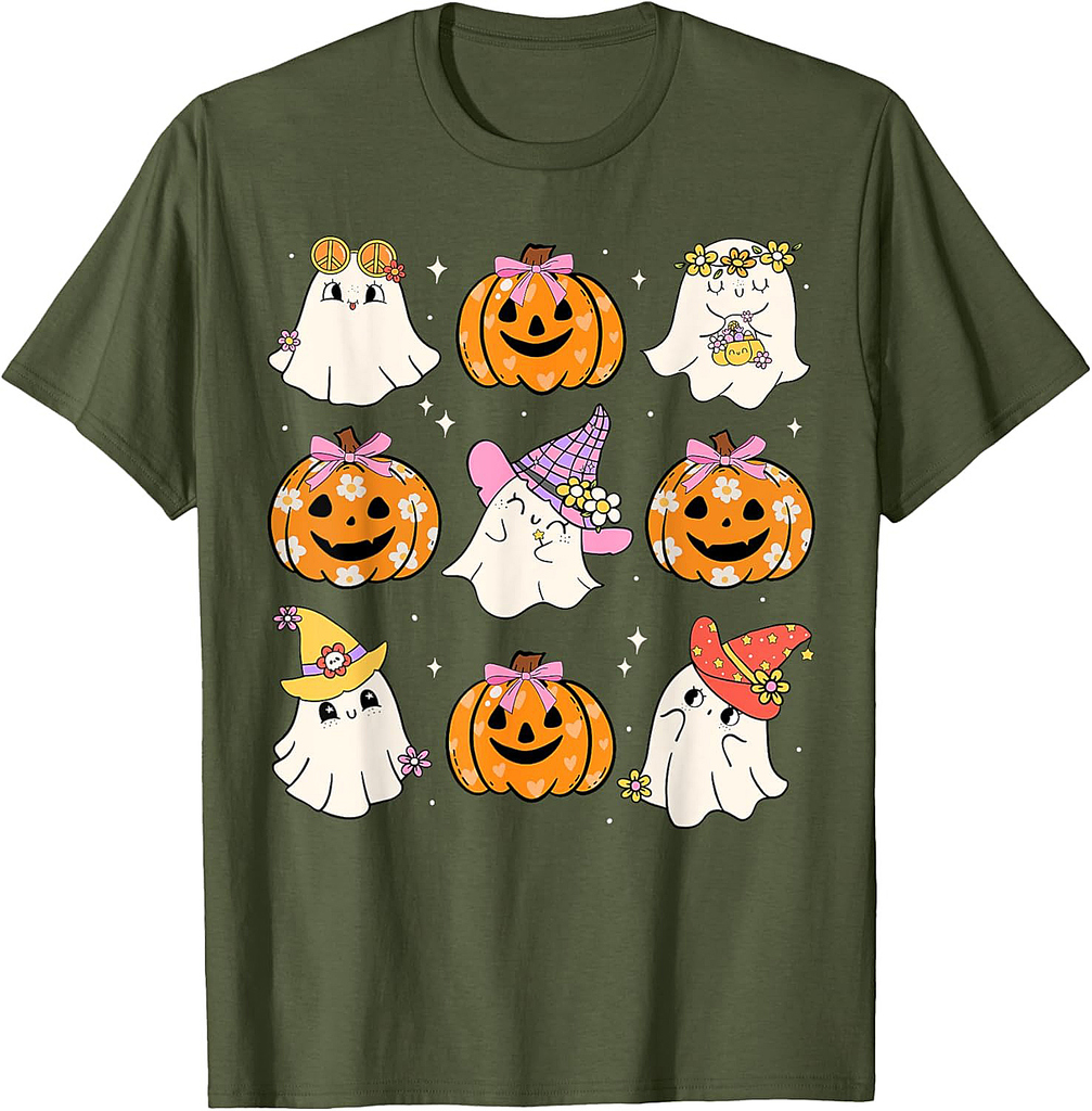 Cute Florals Ghost Coquette Bows Pumpkins Halloween Girl T-Shirt