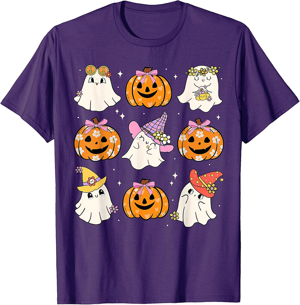Cute Florals Ghost Coquette Bows Pumpkins Halloween Girl T-Shirt