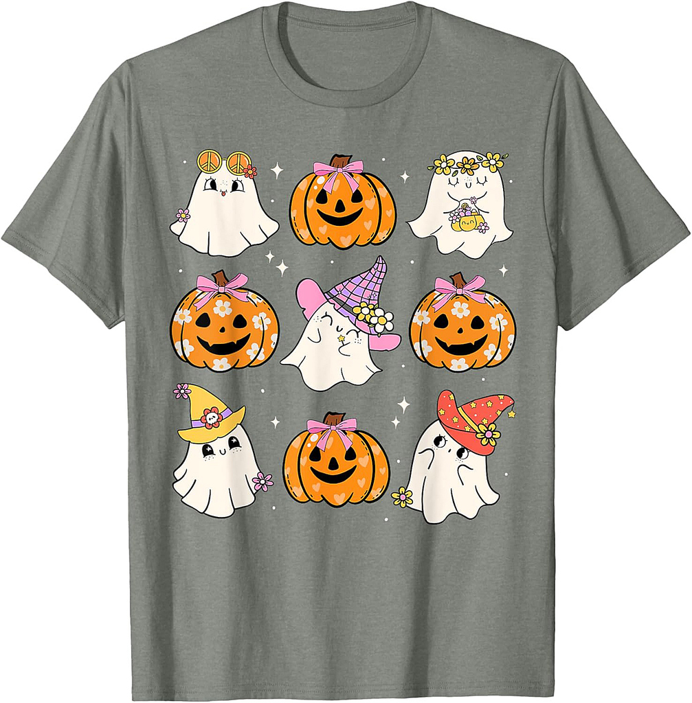 Cute Florals Ghost Coquette Bows Pumpkins Halloween Girl T-Shirt