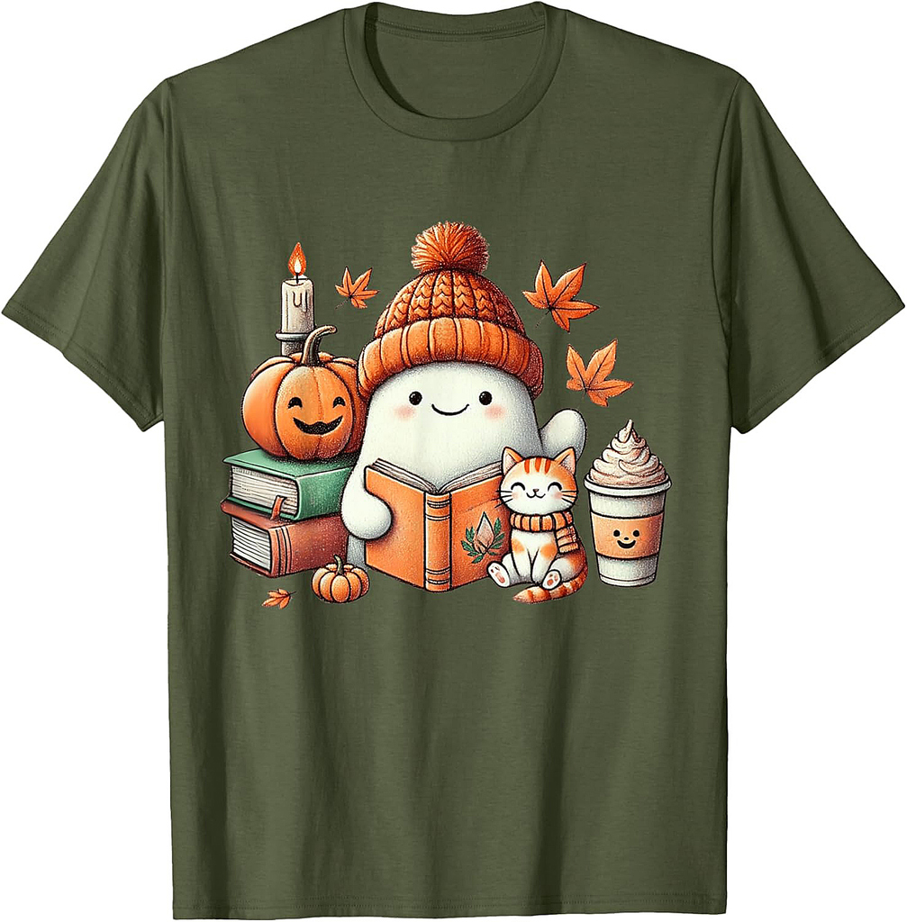 Cute Ghost Cat Reading Book Lovers Halloween Women Girls T-Shirt
