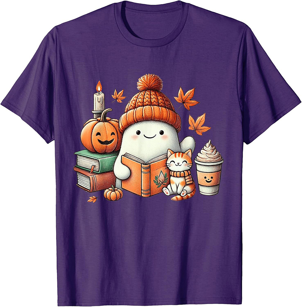 Cute Ghost Cat Reading Book Lovers Halloween Women Girls T-Shirt