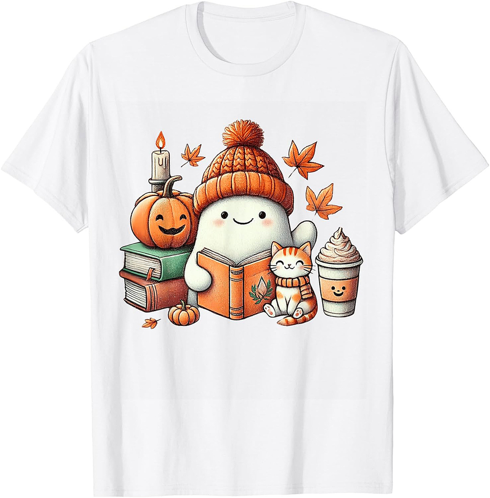 Cute Ghost Cat Reading Book Lovers Halloween Women Girls T-Shirt
