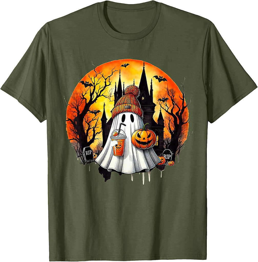 Cute Ghost Drinking Coffee Halloween Ghost Ice Coffee Womens T-Shirt