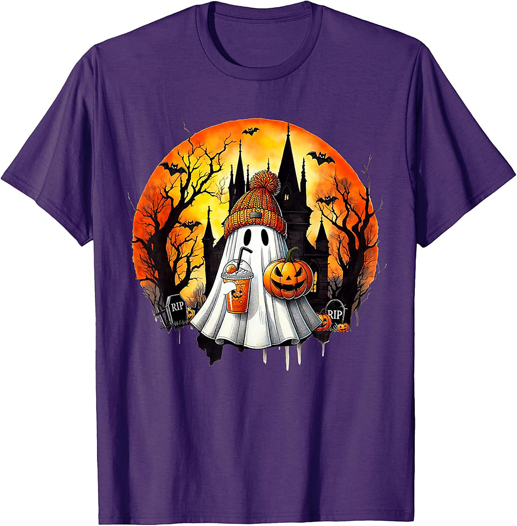 Cute Ghost Drinking Coffee Halloween Ghost Ice Coffee Womens T-Shirt