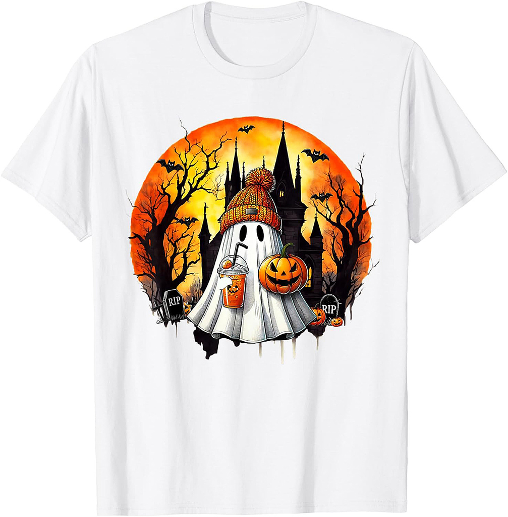 Cute Ghost Drinking Coffee Halloween Ghost Ice Coffee Womens T-Shirt