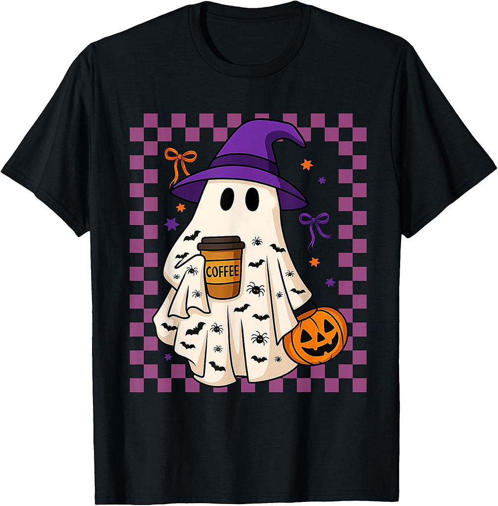Cute Ghost Drinking Coffee Halloween Spooky Men Women T-Shirt