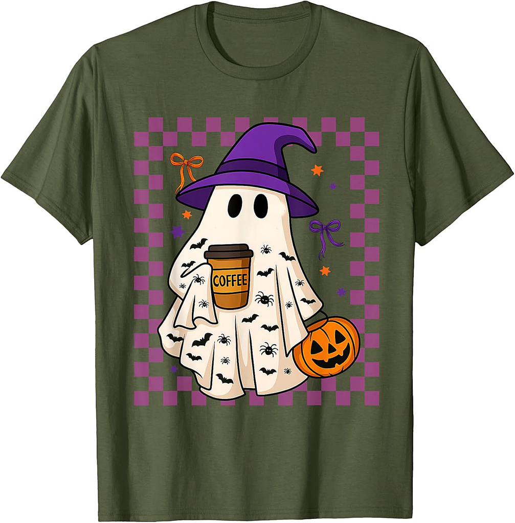 Cute Ghost Drinking Coffee Halloween Spooky Men Women T-Shirt