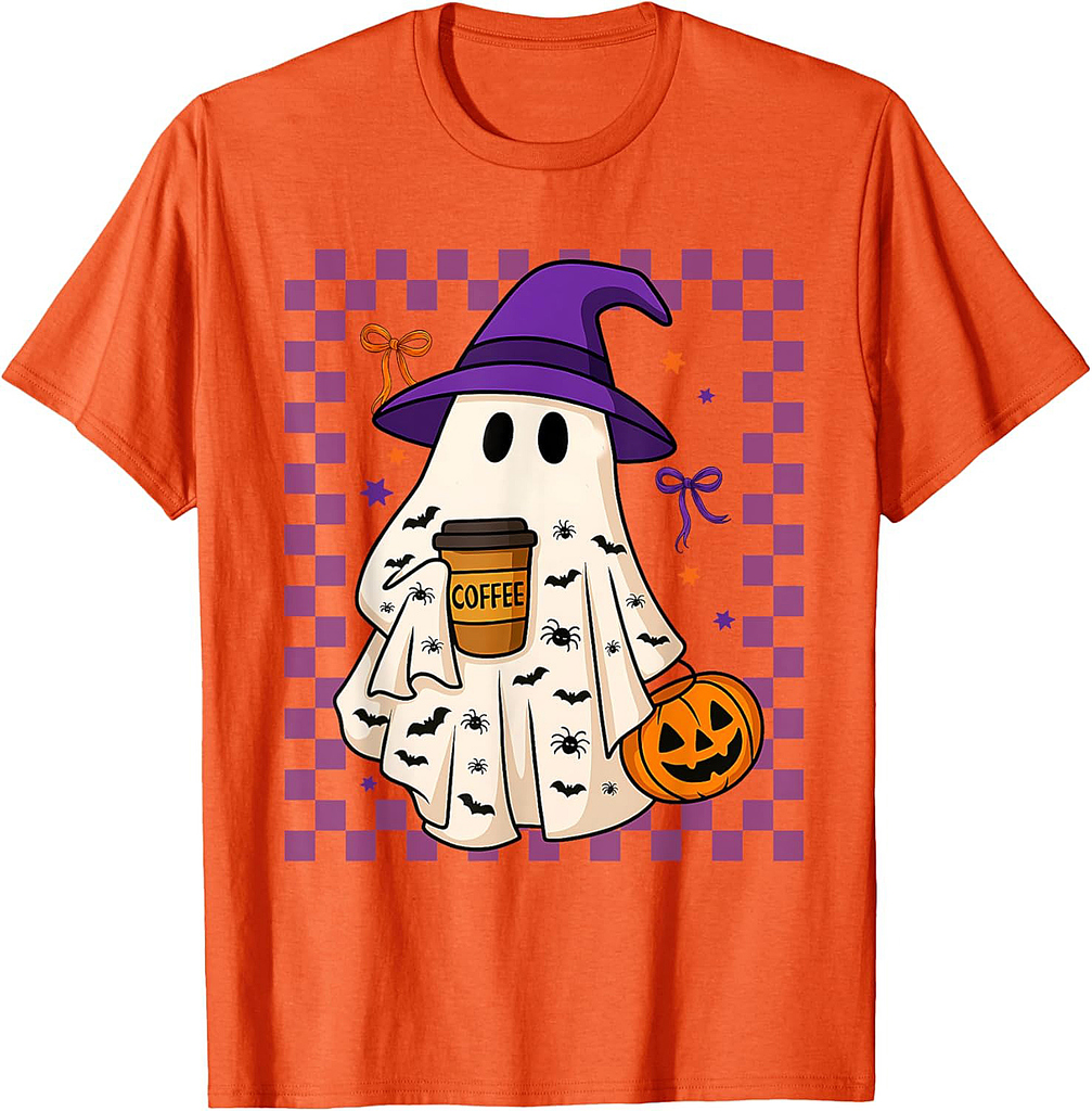 Cute Ghost Drinking Coffee Halloween Spooky Men Women T-Shirt
