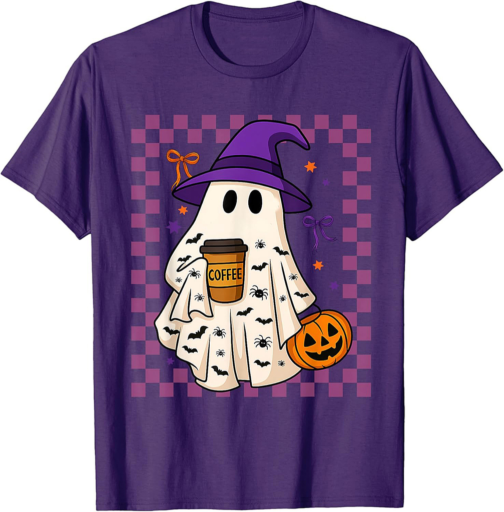 Cute Ghost Drinking Coffee Halloween Spooky Men Women T-Shirt