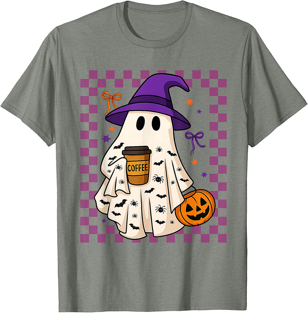 Cute Ghost Drinking Coffee Halloween Spooky Men Women T-Shirt