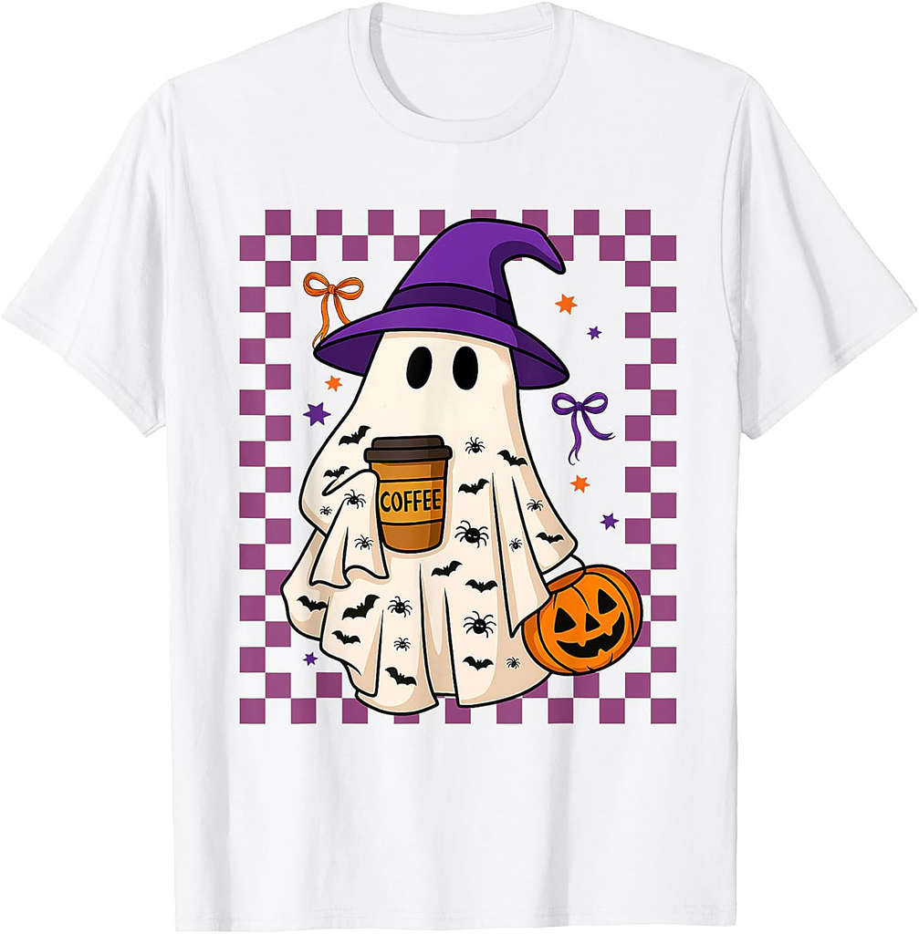 Cute Ghost Drinking Coffee Halloween Spooky Men Women T-Shirt