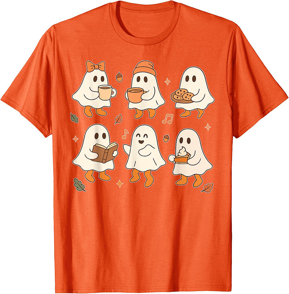 Cute Ghost Halloween Shirts For Women Vintage Fall Coffee T-Shirt