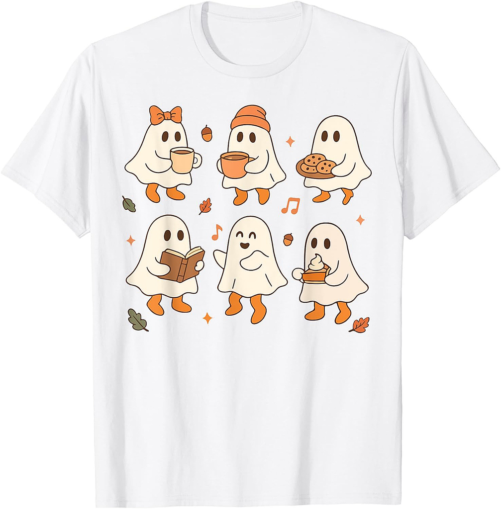 Cute Ghost Halloween Shirts For Women Vintage Fall Coffee T-Shirt