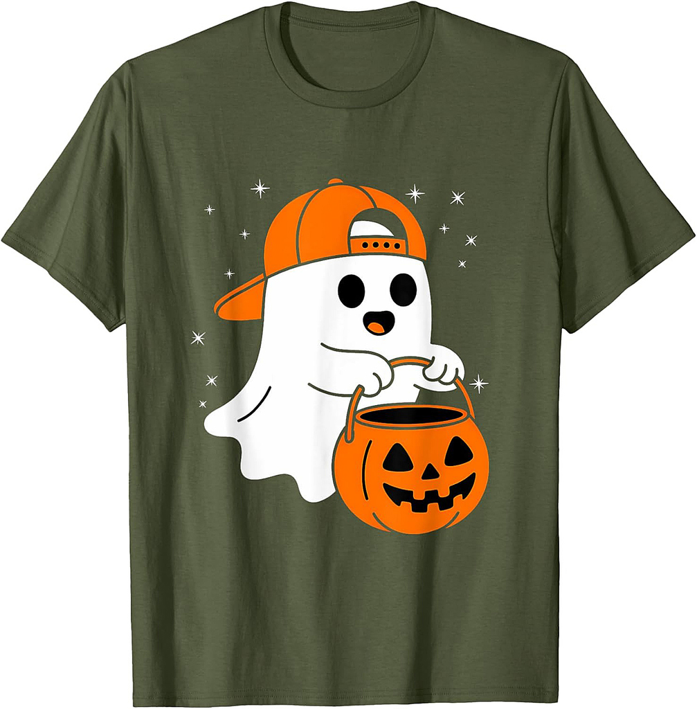 Cute Ghost Pumpkin Wear a Hat Saying Boo Spooky Halloween T-Shirt