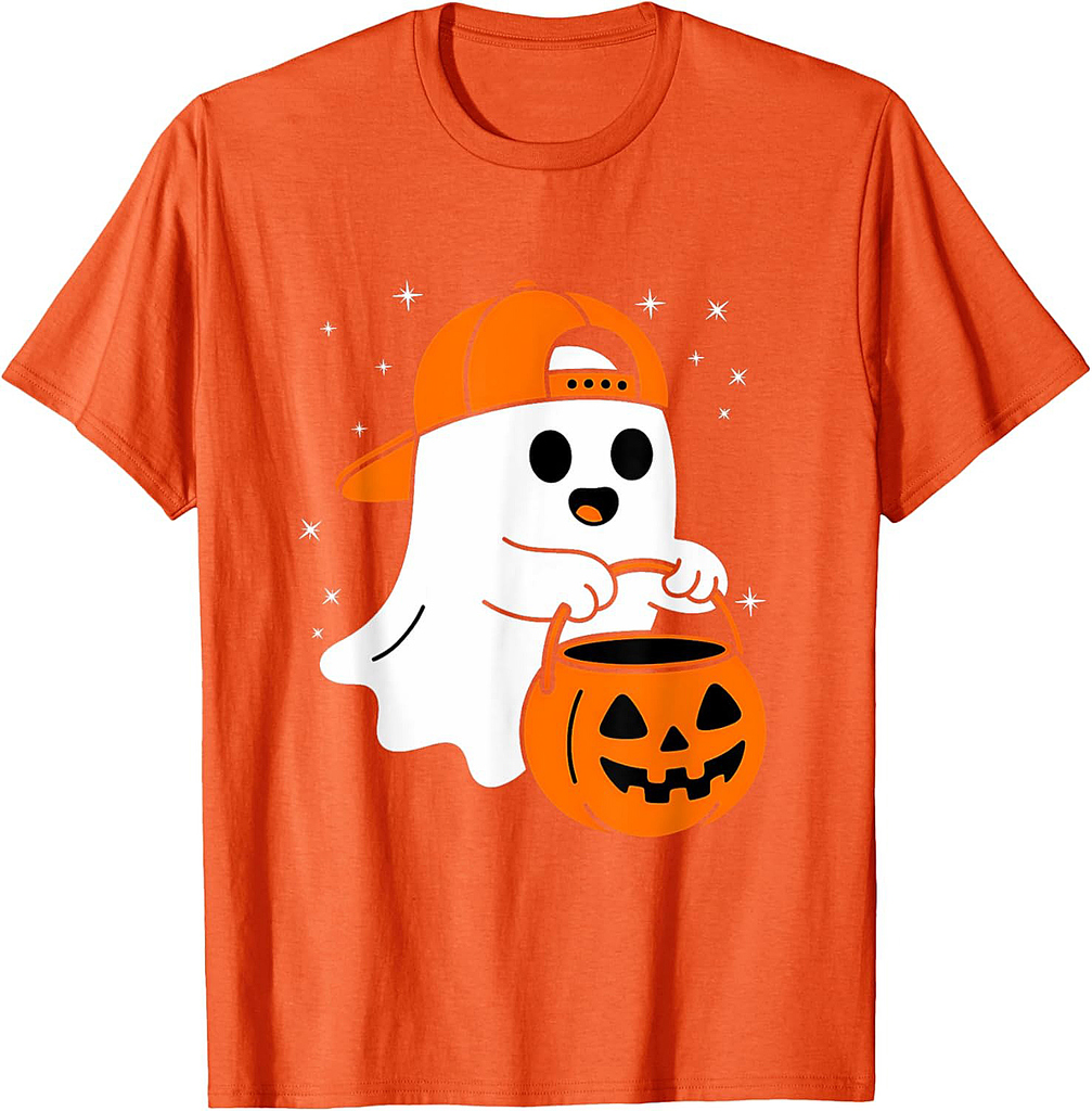 Cute Ghost Pumpkin Wear a Hat Saying Boo Spooky Halloween T-Shirt