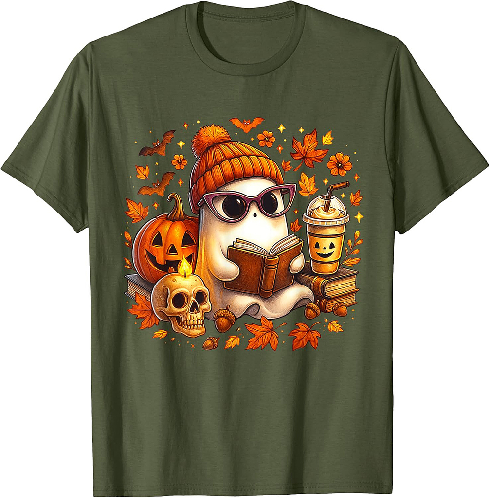 Cute Ghost Reading Book Lovers Halloween Ghost Coffee Women T-Shirt