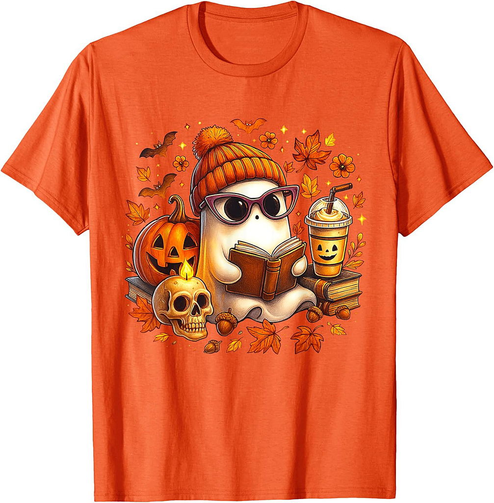 Cute Ghost Reading Book Lovers Halloween Ghost Coffee Women T-Shirt