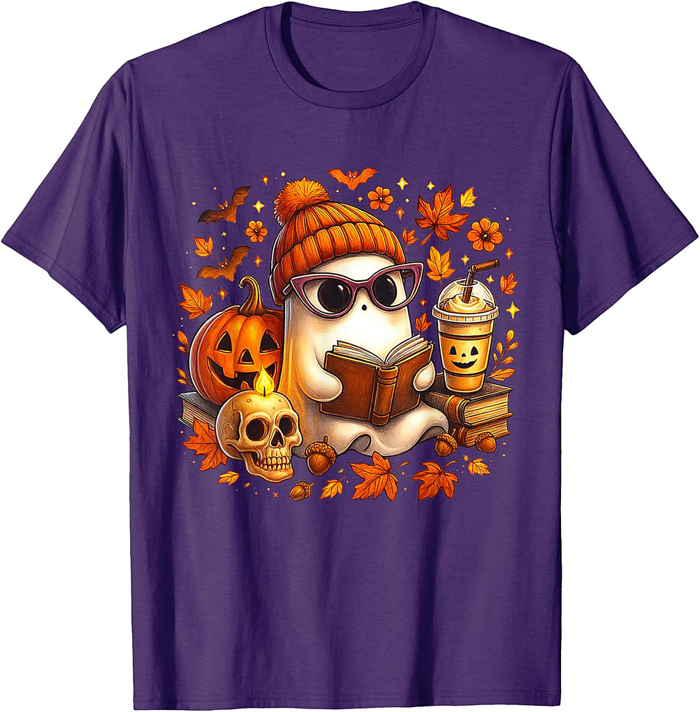 Cute Ghost Reading Book Lovers Halloween Ghost Coffee Women T-Shirt