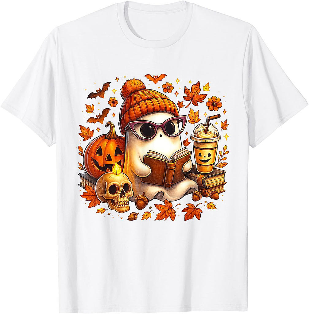 Cute Ghost Reading Book Lovers Halloween Ghost Coffee Women T-Shirt
