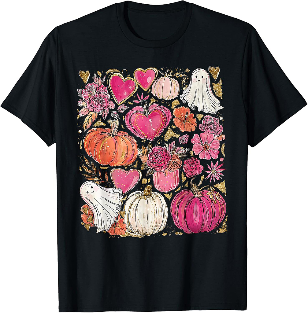 Cute Ghost Spooky Pink Pumpkin Floral Halloween Thanksgiving T-Shirt