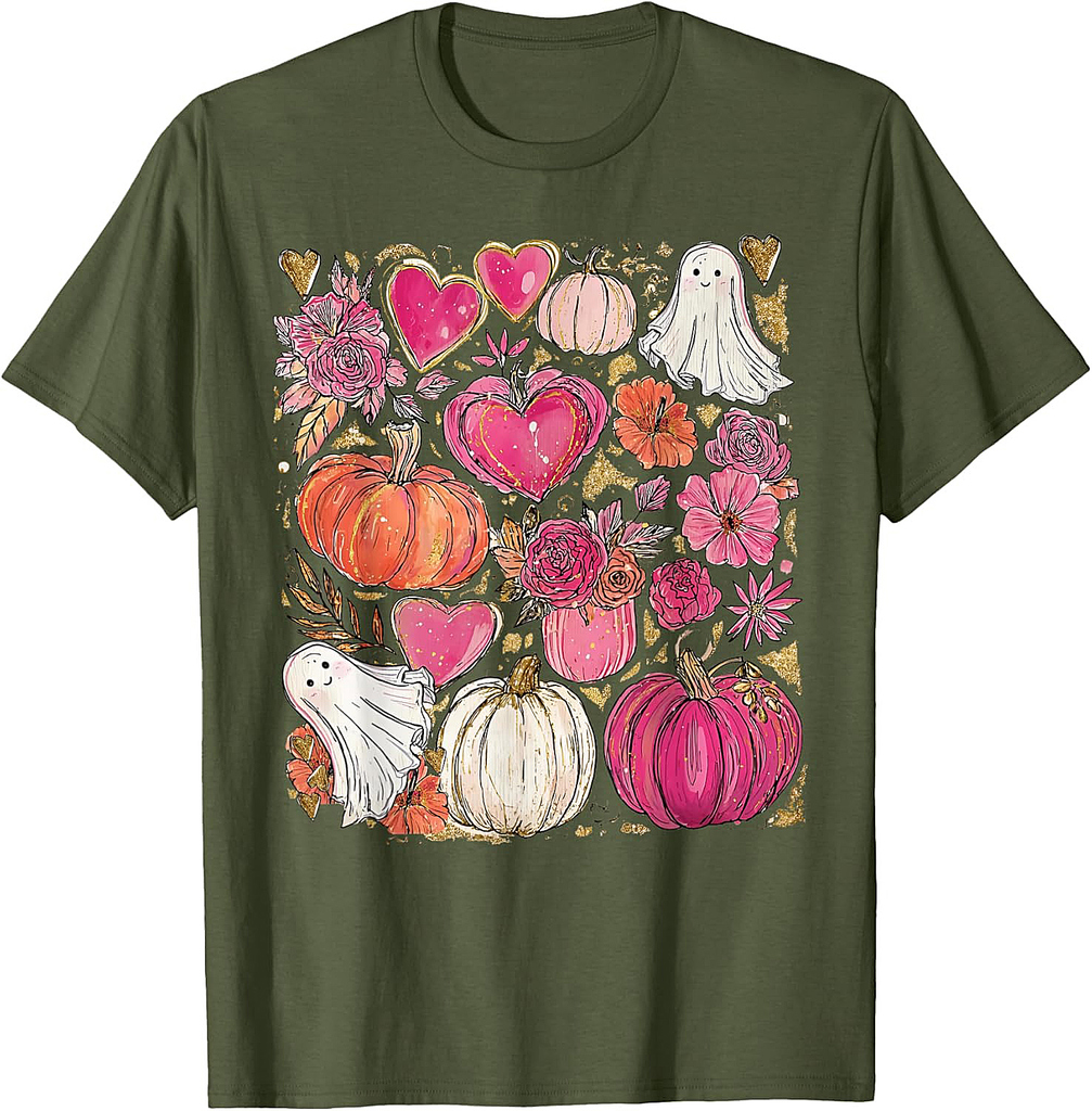 Cute Ghost Spooky Pink Pumpkin Floral Halloween Thanksgiving T-Shirt