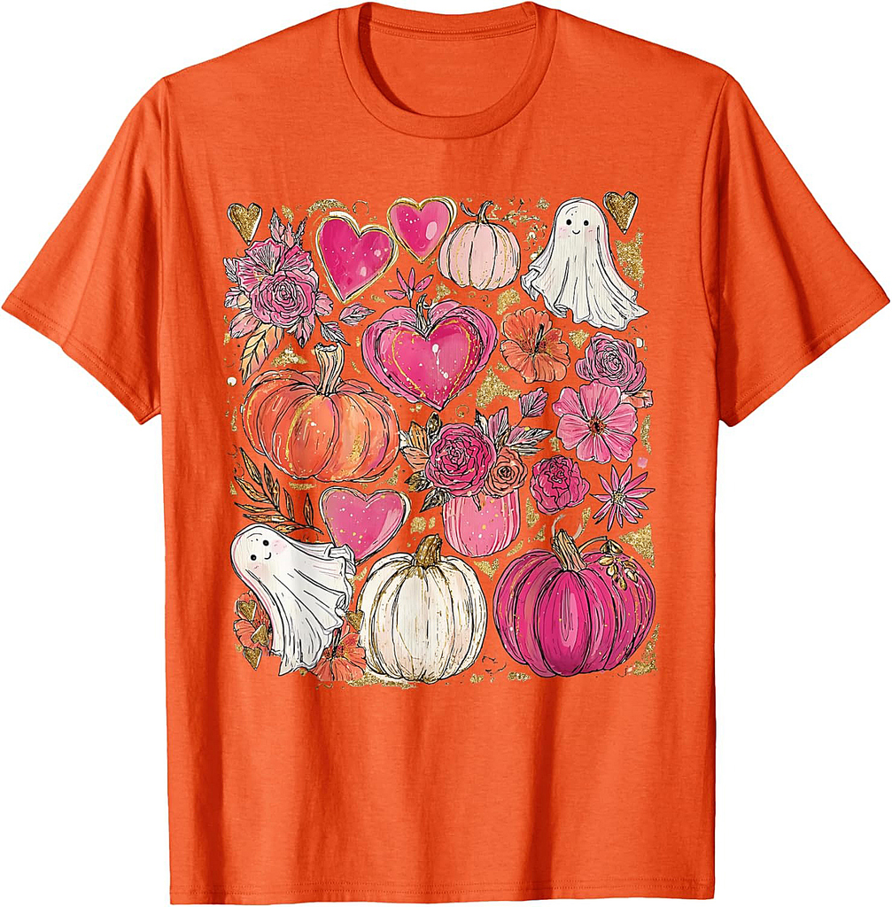 Cute Ghost Spooky Pink Pumpkin Floral Halloween Thanksgiving T-Shirt